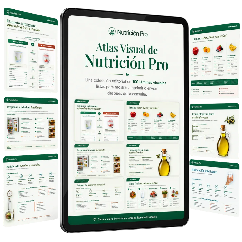 Mockup del Atlas Visual de Nutrición Pro con láminas visuales para consulta nutricional