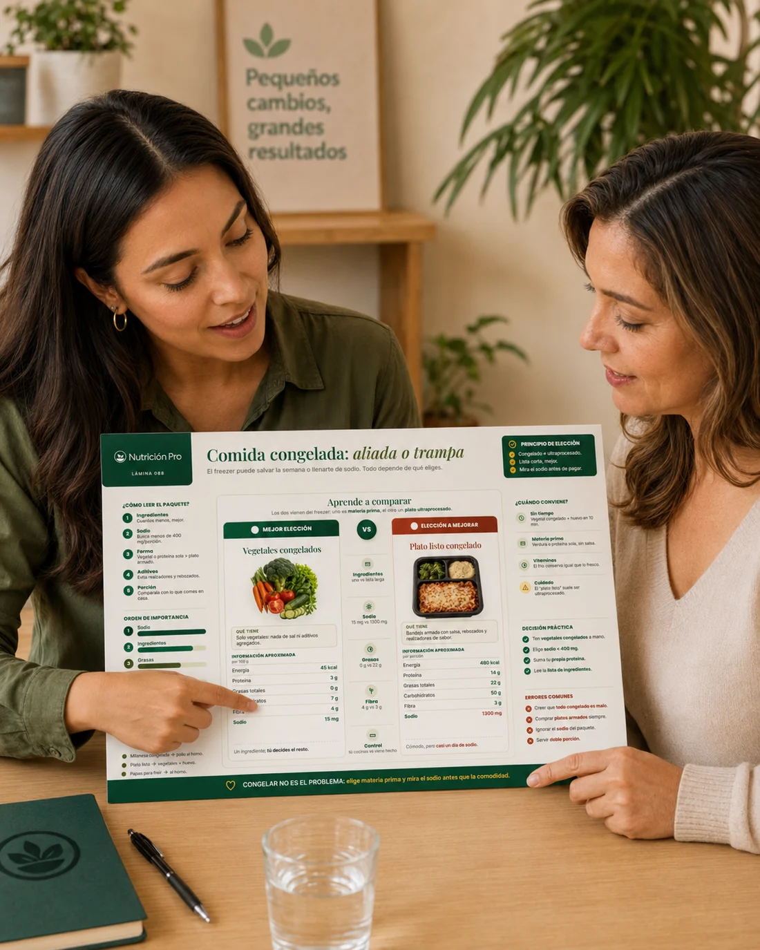 Nutricionista utilizando una lámina visual para facilitar la comprensión de la paciente.