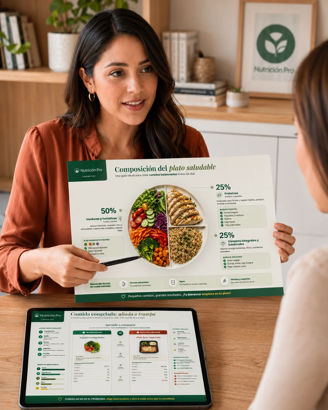 Nutricionista utilizando el Atlas Visual de Nutrición Pro durante una consulta.